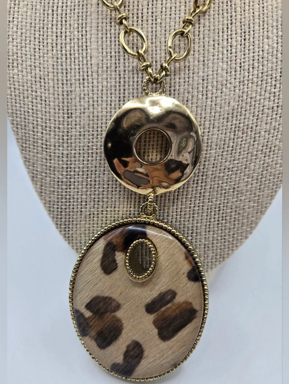 Chico's Goldtone Chain Reversible Leopard Animal Print Tiger's Eye Pendant READ*